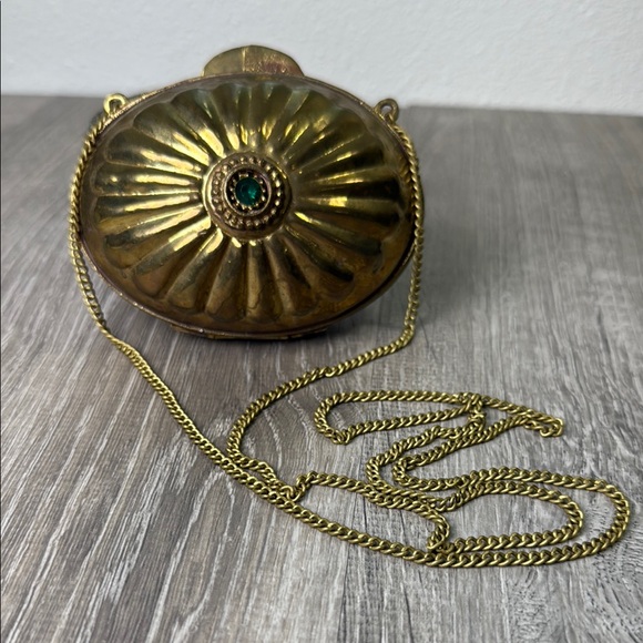 Handbags - Gold and Green Starburst Clutch with Chain Strap